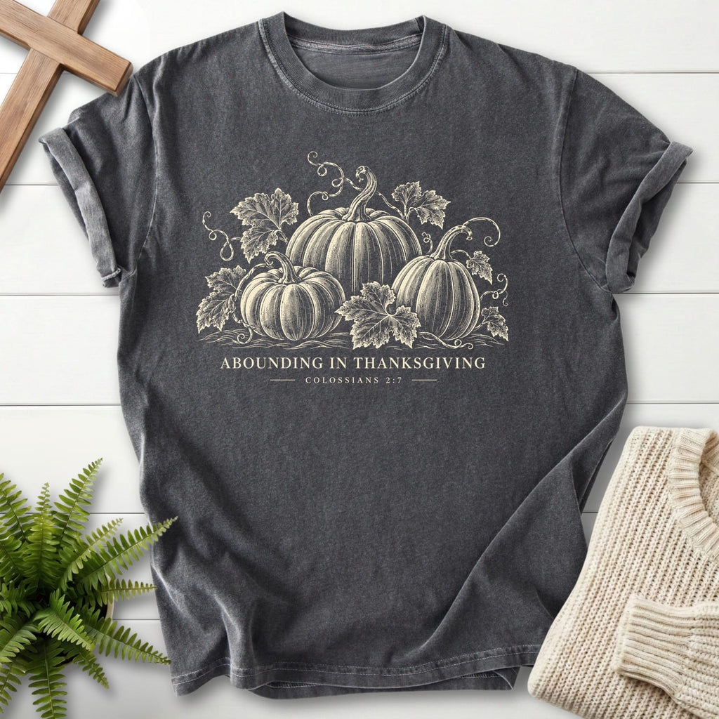Pepper color option for the Abounding in Thanksgiving Christian graphic tee with "Abounding in Thanksgiving T-Shirt" design.