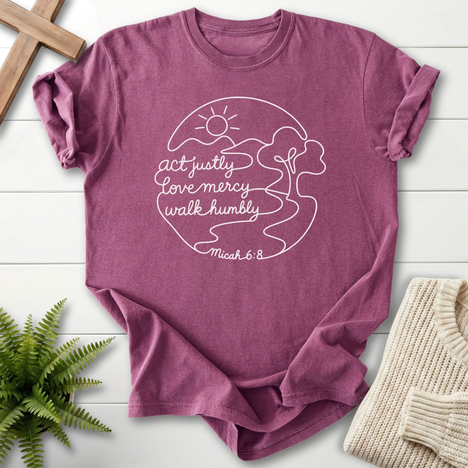 Berry color option for the Act Justly Micah 6 8 Dark tee with sunrise graphic with "Act Justly Micah 6 8 Dark T-Shirt" from Printify From Printify.