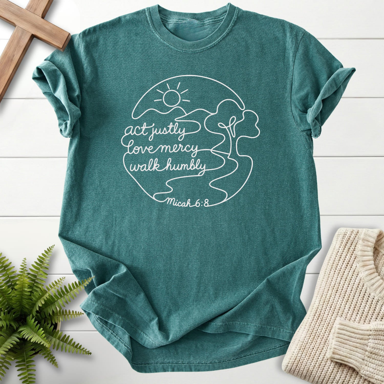 Blue Spruce color option for the Act Justly Micah 6 8 Dark Christian graphic tee with sunrise graphic with "Act Justly Micah 6 8 Dark T-Shirt".