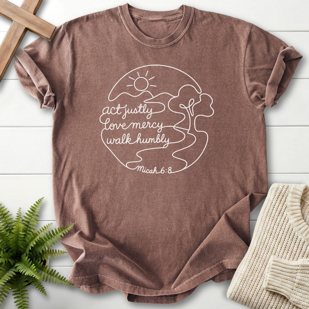 Flat lay of an Espresso women's Christian tee featuring sunrise graphic with "Act Justly Micah 6 8 Dark T-Shirt".