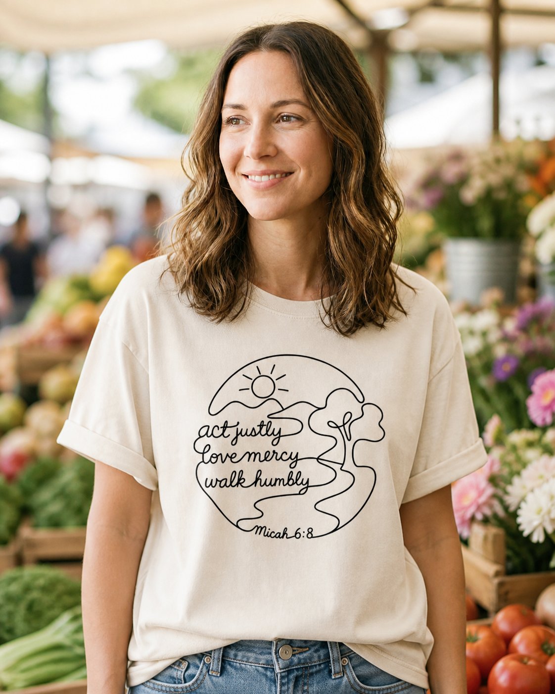 Act Justly Micah 6:8 – Ivory women's Christian tee, lifestyle photo in farmers market – Single-line drawing of a sun hills and tree with script lettering – Micah 6:8 – She Wears Faith