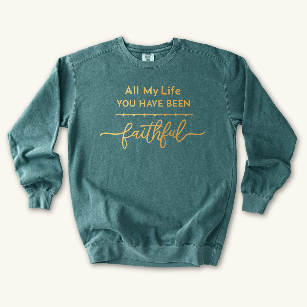 Blue Spruce All My Life sweatshirt flat lay mockup, Christian apparel for women