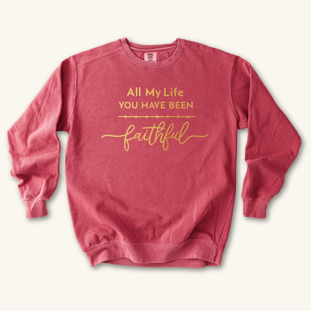Crimson All My Life sweatshirt flat lay mockup, Christian apparel for women