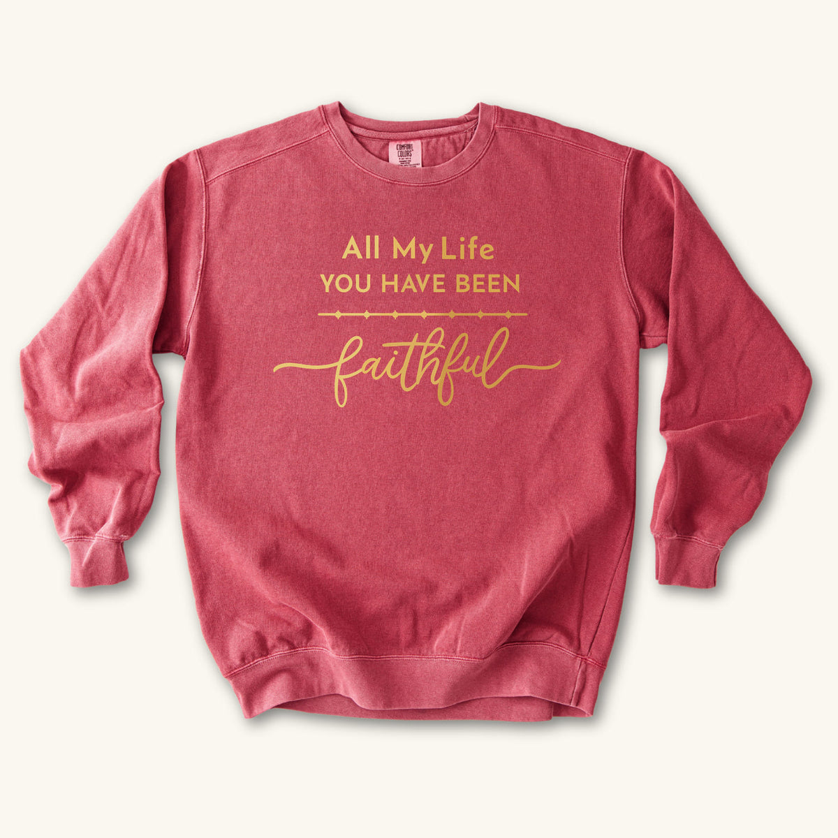 Crimson All My Life sweatshirt flat lay mockup, Christian apparel for women