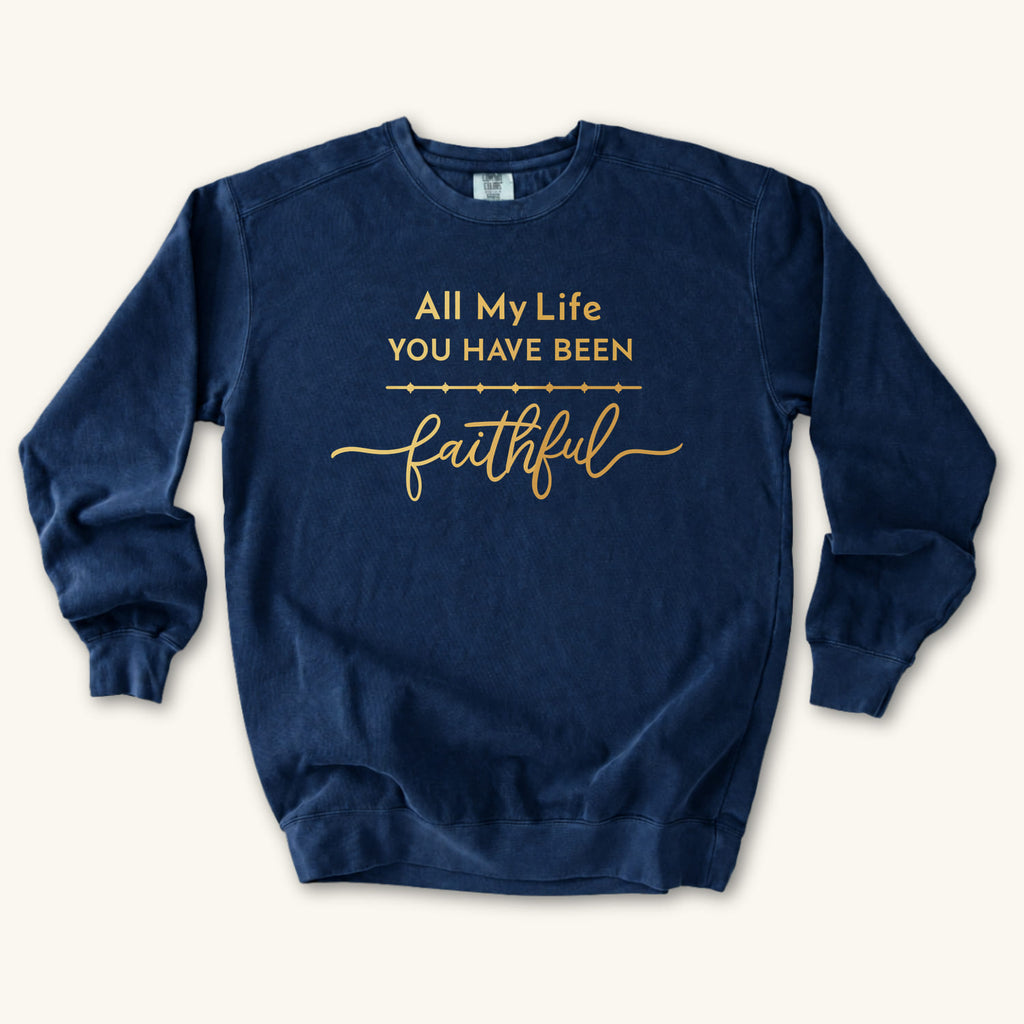 True Navy All My Life sweatshirt flat lay mockup, Christian apparel for women