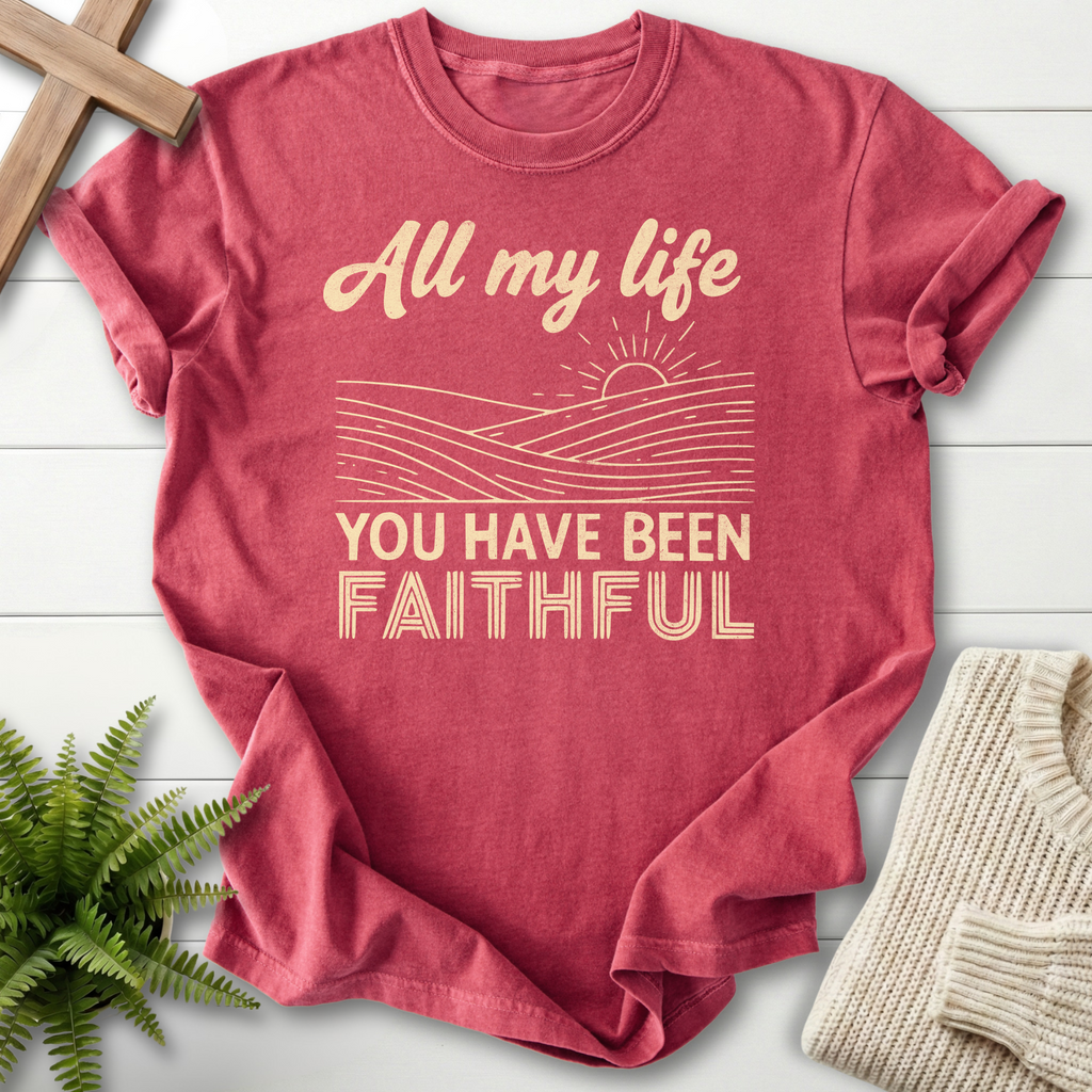 Crimson women's Christian tee with retro sunrise hills artwork and 'All My Life You Have Been Faithful' lettering