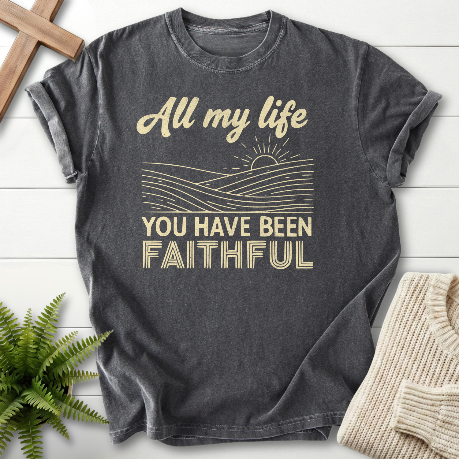 Pepper women's Christian tee with the retro sunrise landscape illustration and 'All My Life You Have Been Faithful'