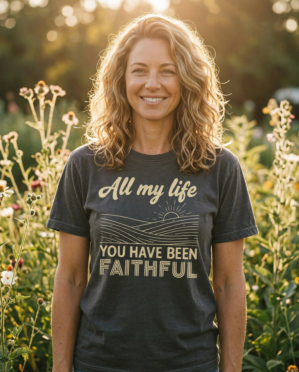 Faithful God – Pepper women's Christian tee, lifestyle photo in outdoor garden – Vintage-style illustration of rolling hills with a sunrise – She Wears Faith