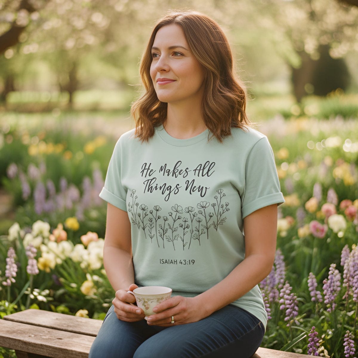 Woman sitting in a flower garden holding a teacup, wearing a bay green Comfort Colors 1717 Christian women t-shirt. The shirt design reads “He Makes All Things New – Isaiah 43:19” with hand-drawn floral illustrations