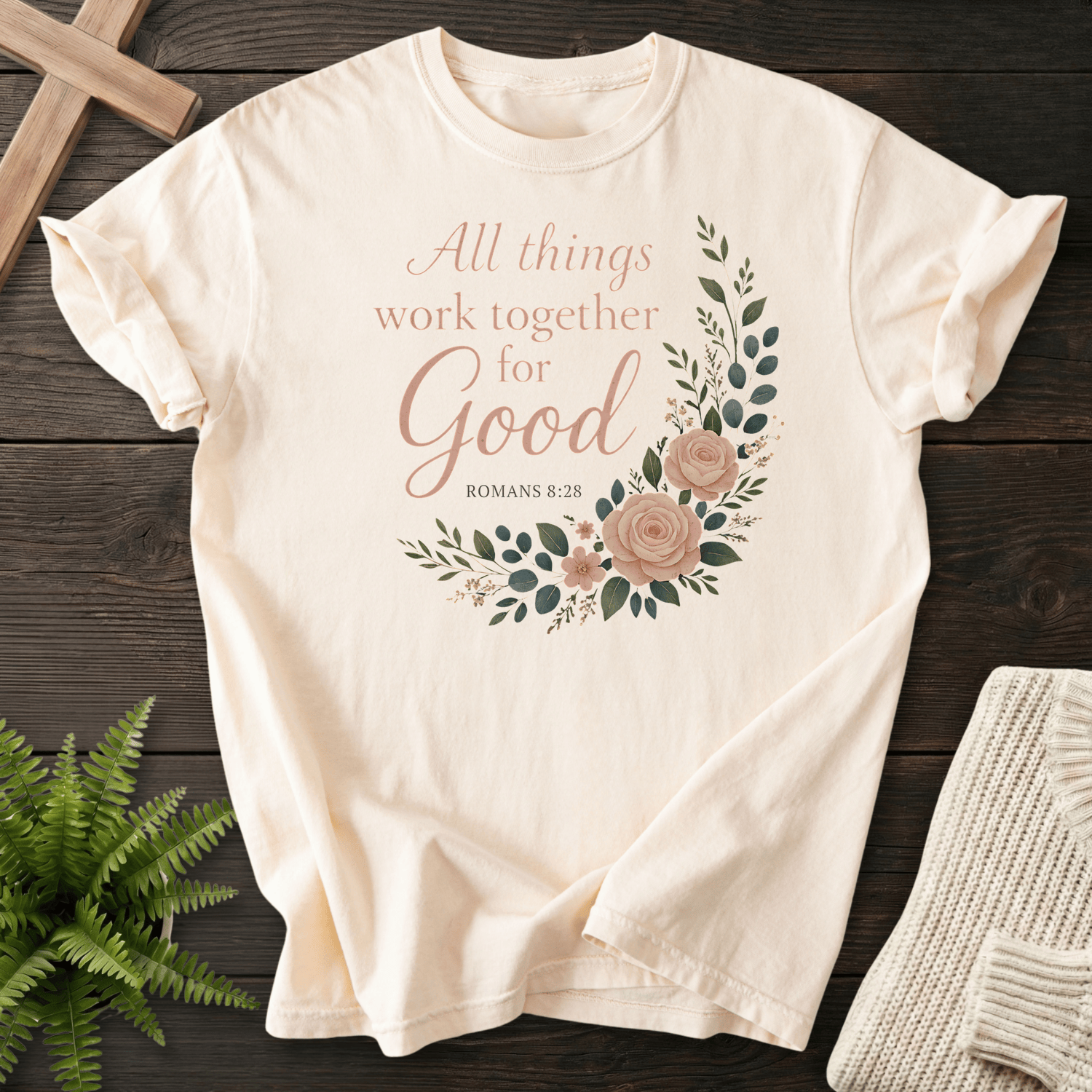 Ivory Christian t-shirt for women with a blush rose wreath and 'All Things Work Together for Good', Comfort Colors 1717, inspired by Romans 8:28.