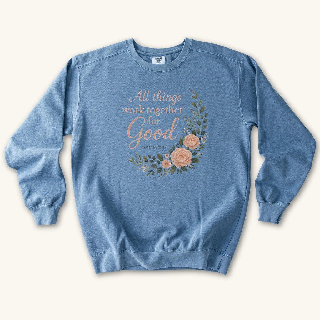 Blue Jean All Things Work Together for Good sweatshirt flat lay mockup, Romans 8:28 Christian apparel for women
