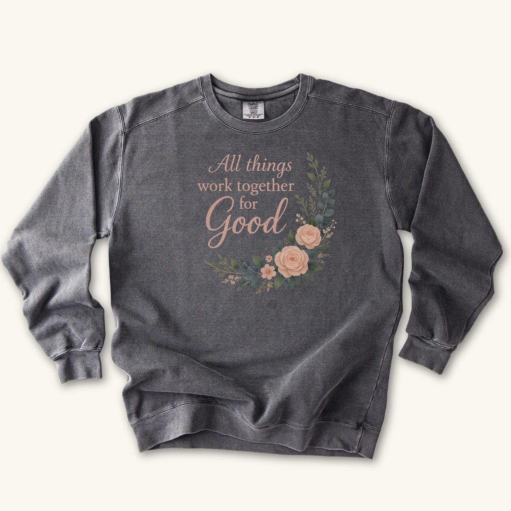 Pepper All Things Work Together for Good sweatshirt flat lay mockup, Romans 8:28 Christian apparel for women