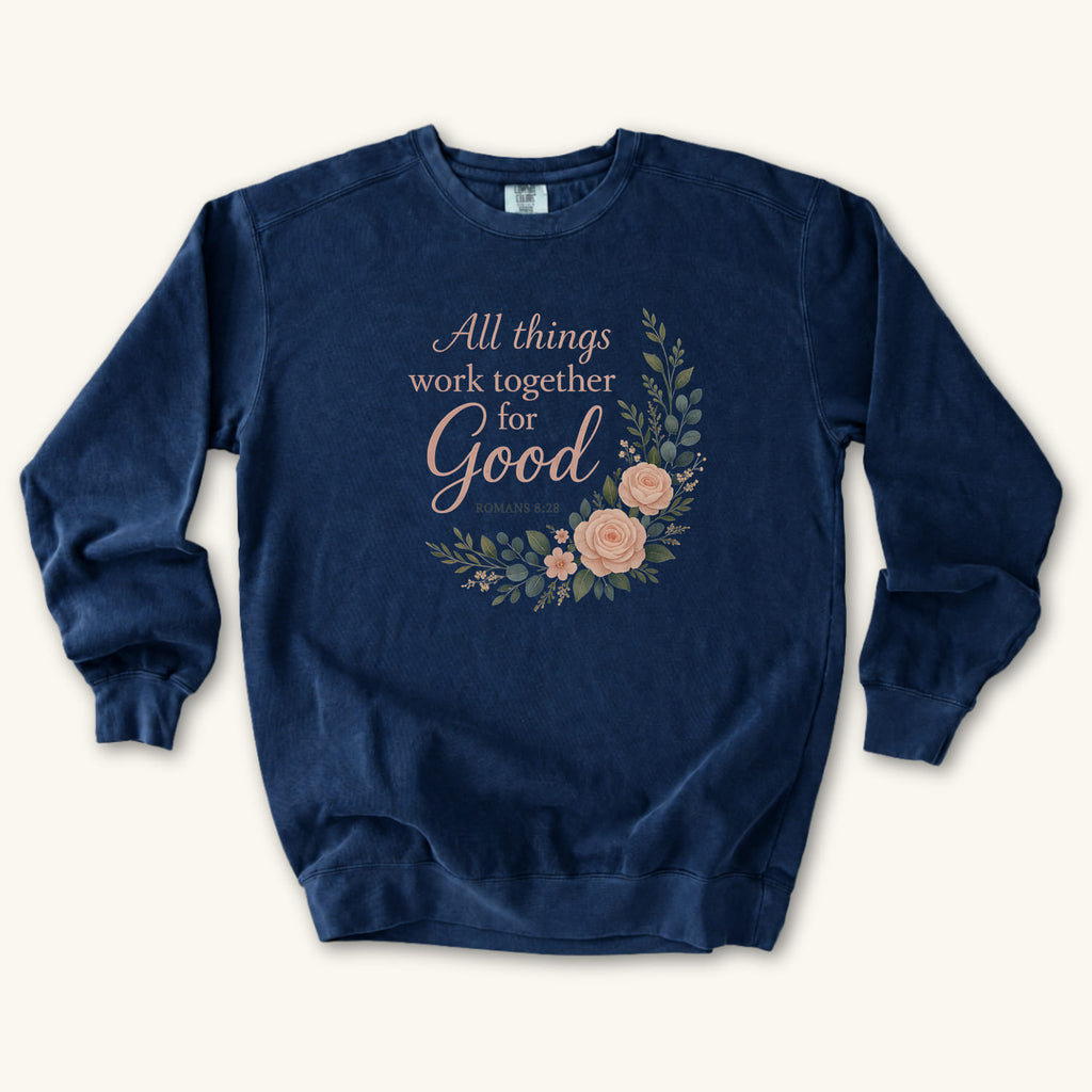 True Navy All Things Work Together for Good sweatshirt flat lay mockup, Romans 8:28 Christian apparel for women
