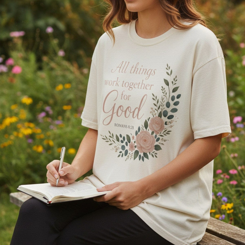 Woman journaling outdoors while wearing a Comfort Colors 1717 ivory “All Things Work Together for Good – Romans 8:28” t-shirt. A peaceful and encouraging modern Christian shirt inspired by Romans 8:28 t-shirt message.