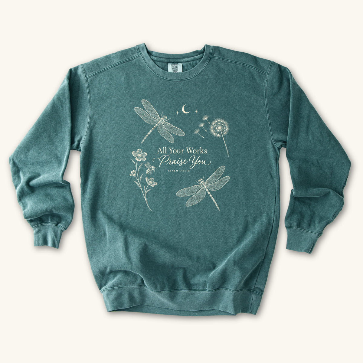 Blue Spruce All Your Works Praise You sweatshirt flat lay mockup, Psalm 145:10 Christian apparel for women