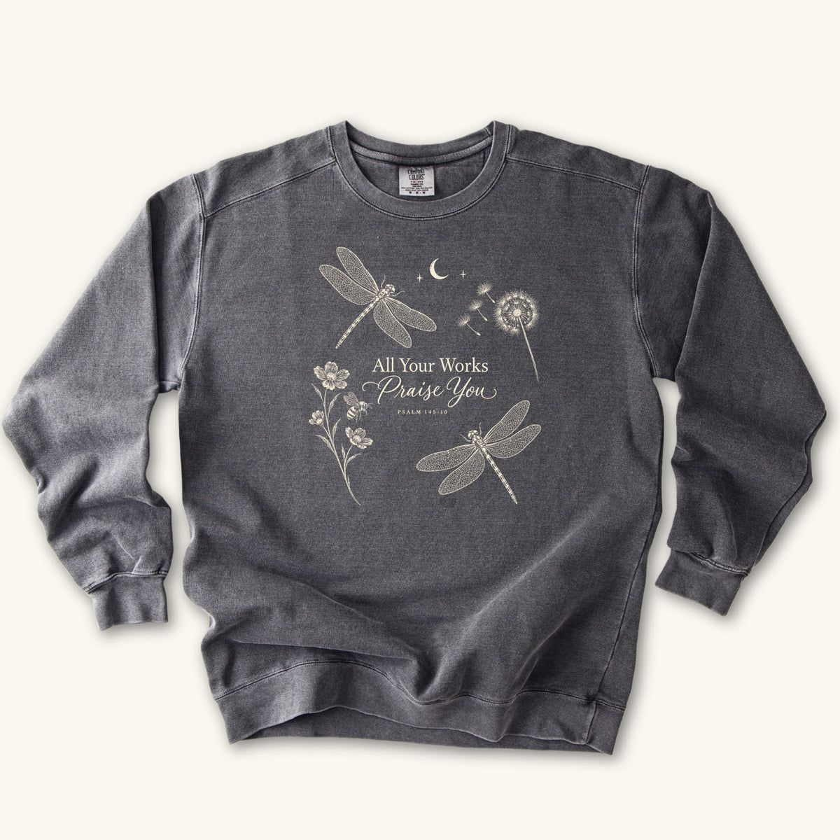 Pepper All Your Works Praise You sweatshirt flat lay mockup, Psalm 145:10 Christian apparel for women
