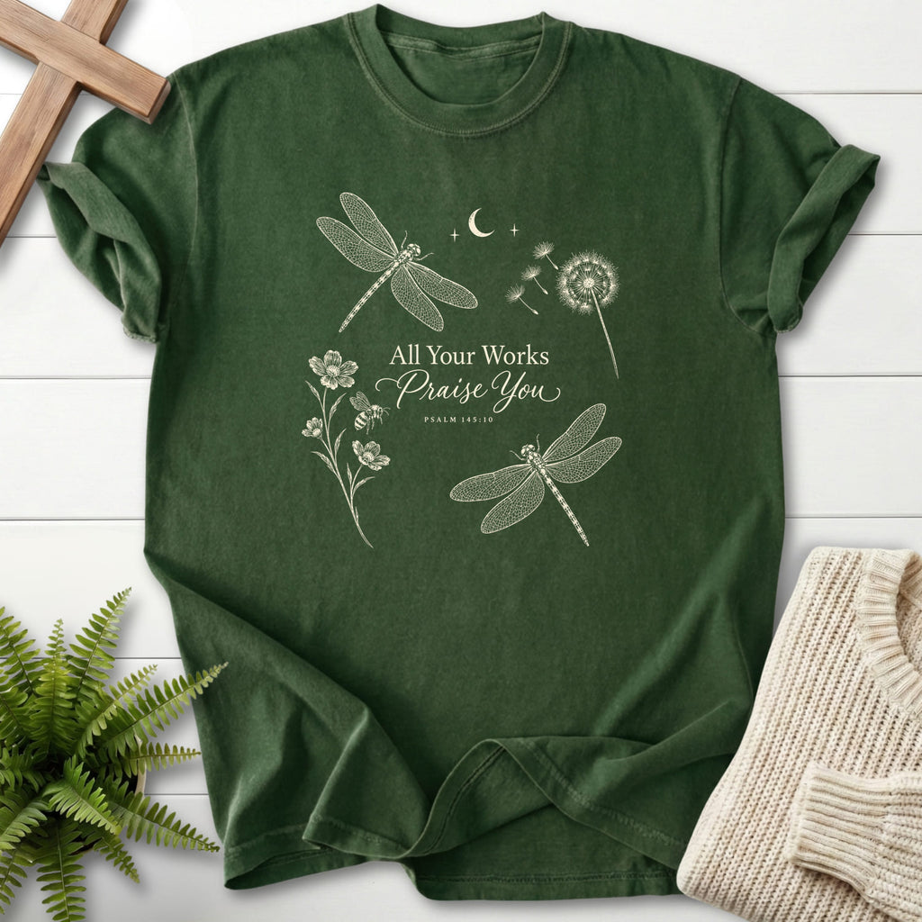 Hemp All Your Works Praise You T-shirt flat lay mockup, Psalm 145:10 Christian apparel for women