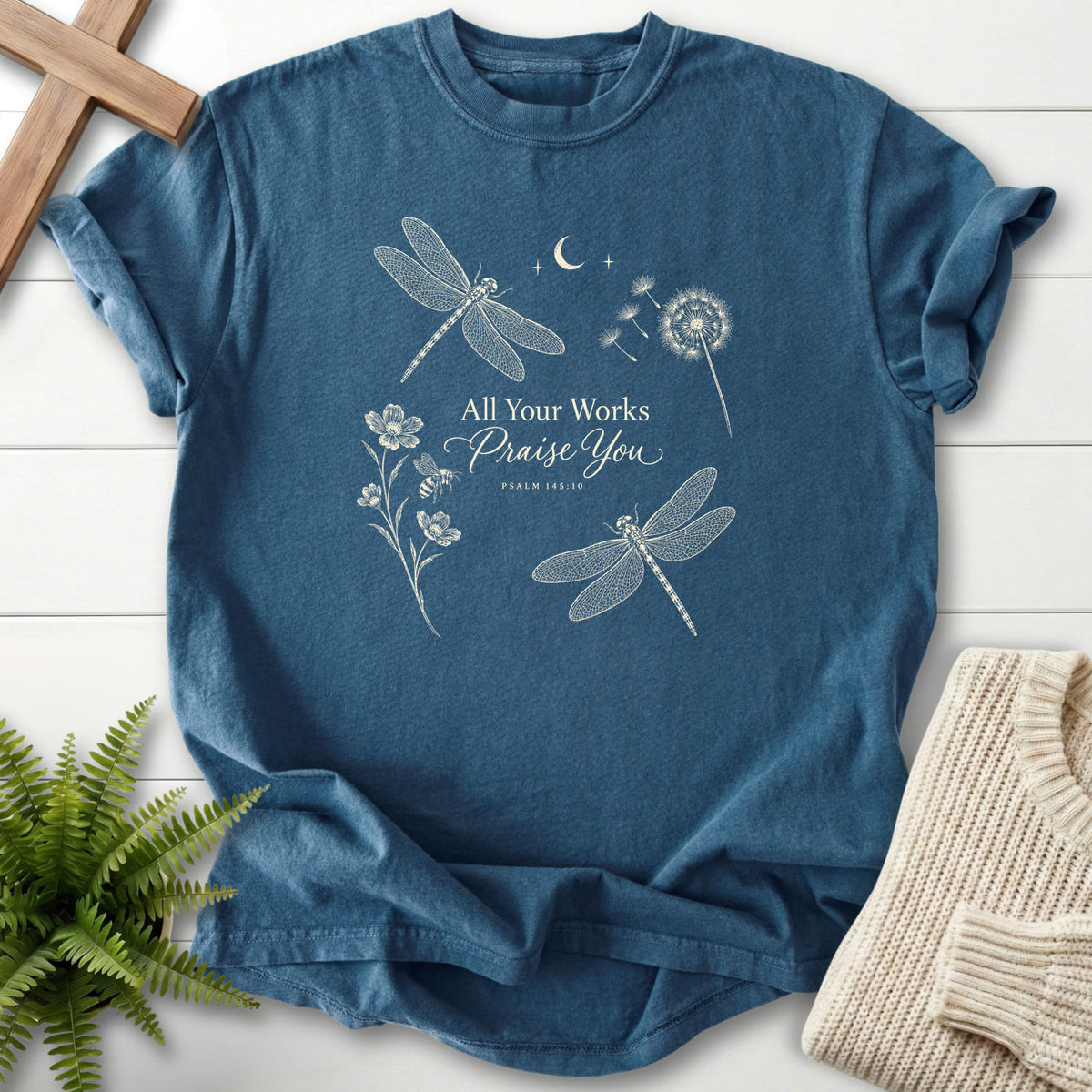 Midnight All Your Works Praise You T-shirt flat lay mockup, Psalm 145:10 Christian apparel for women