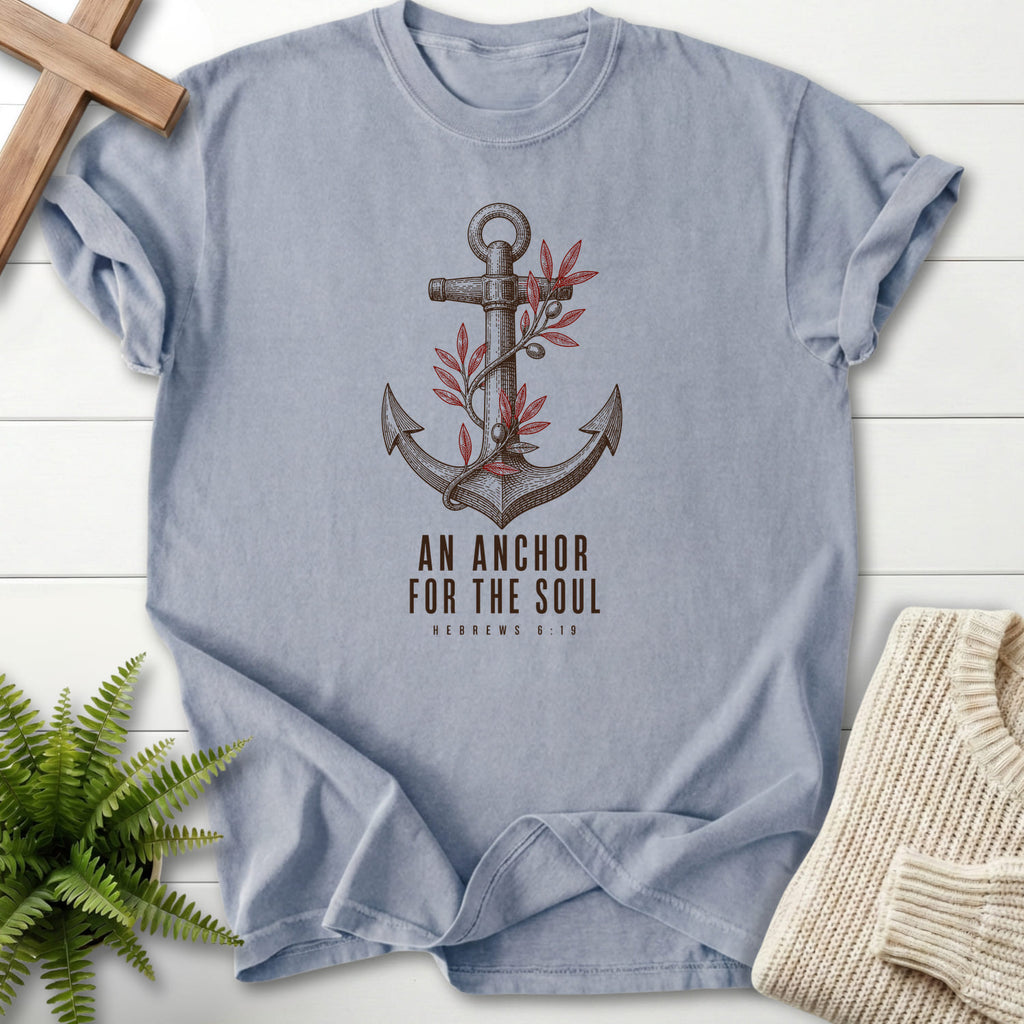 Flatlay of a Granite Scripture shirt with "An Anchor for the Soul T-Shirt" Hebrews 6:19.