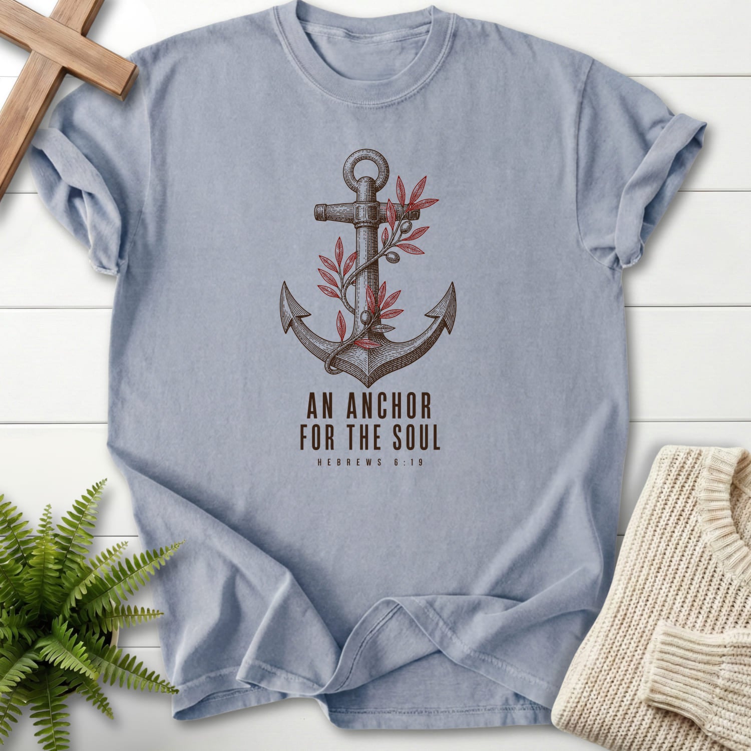 Flatlay of a Granite Scripture shirt with "An Anchor for the Soul T-Shirt" Hebrews 6:19.
