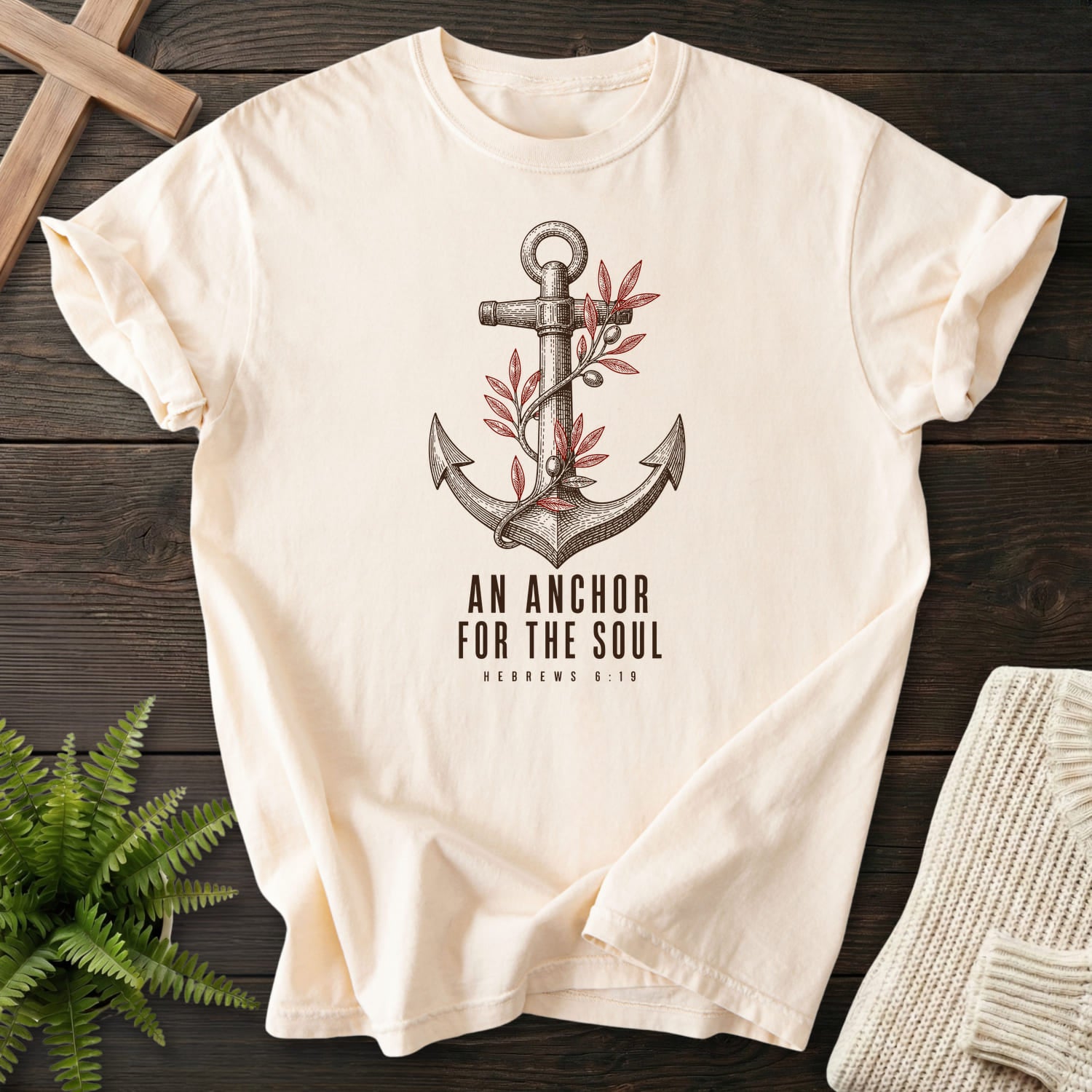 Ivory color option for the An Anchor for the Soul Bible verse tee with "An Anchor for the Soul T-Shirt" Hebrews 6:19.