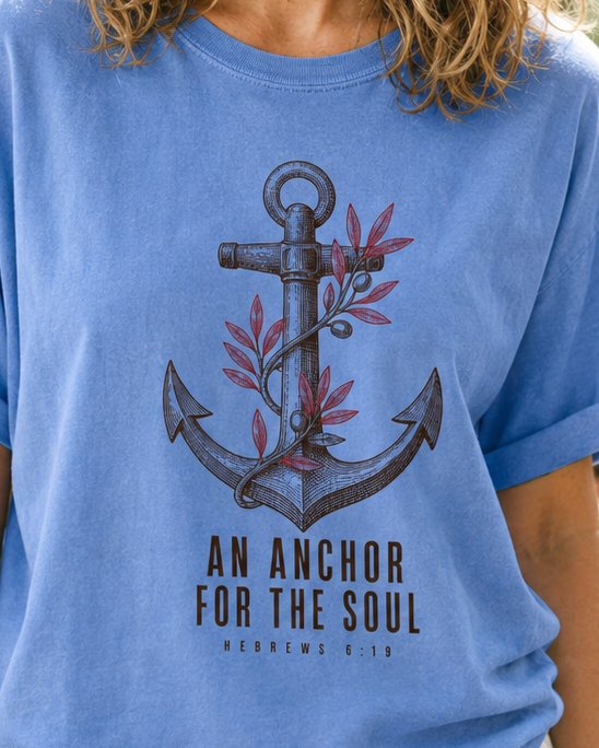 An Anchor for the Soul - Mystic Blue women's Christian tee, lifestyle photo in farmers market - Engraved ship anchor wrapped with a red olive branch - Hebrews 6:19 - She Wears Faith