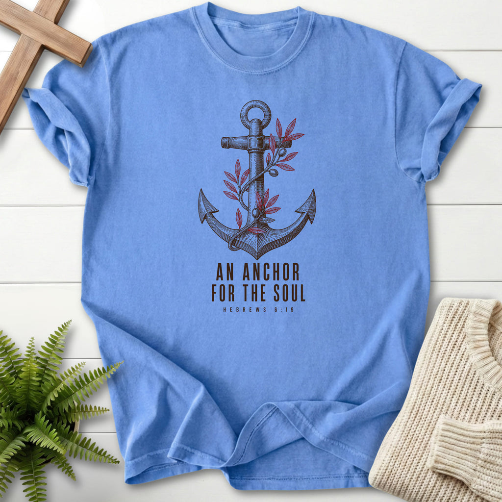 Mystic Blue color option for the An Anchor for the Soul tee with "An Anchor for the Soul T-Shirt" Hebrews 6:19 for women's faith apparel.