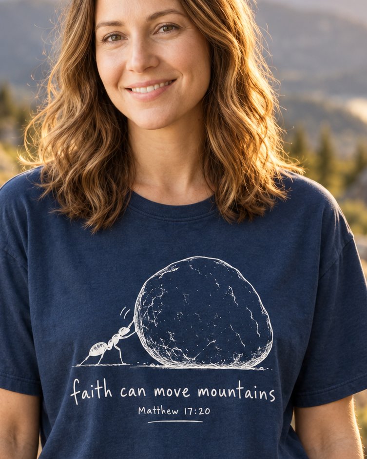 Faith Can Move Mountains Ant, Navy women's Christian tee, lifestyle photo in nature trail, Line-art ant pushing a huge boulder with handwritten text, Matthew 17:20, She Wears Faith
