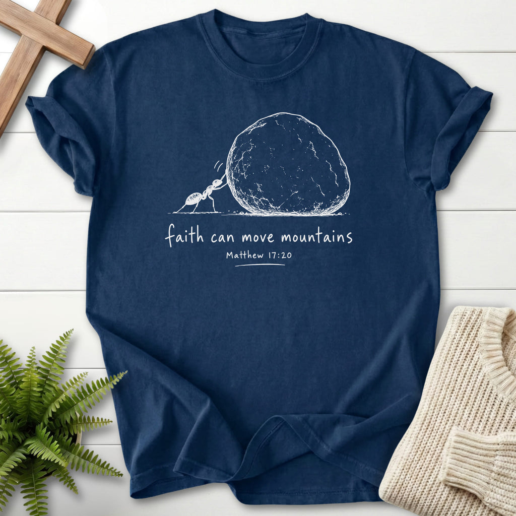 Navy color option for the Faith Can Move Mountains Ant Bible verse tee with "Ant and Boulder Faith T-Shirt" Matthew 17:20.