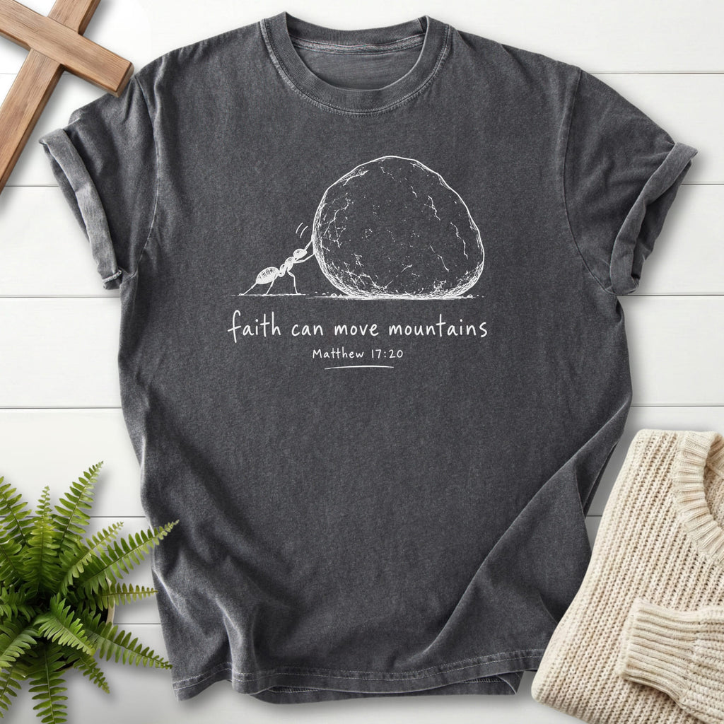 Pepper color option for the Faith Can Move Mountains Ant tee with "Ant and Boulder Faith T-Shirt" Matthew 17:20 for women's faith apparel.