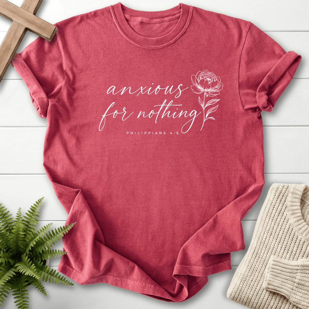 Anxious for Nothing Floral Script T-Shirt in Crimson | She Wears Faith