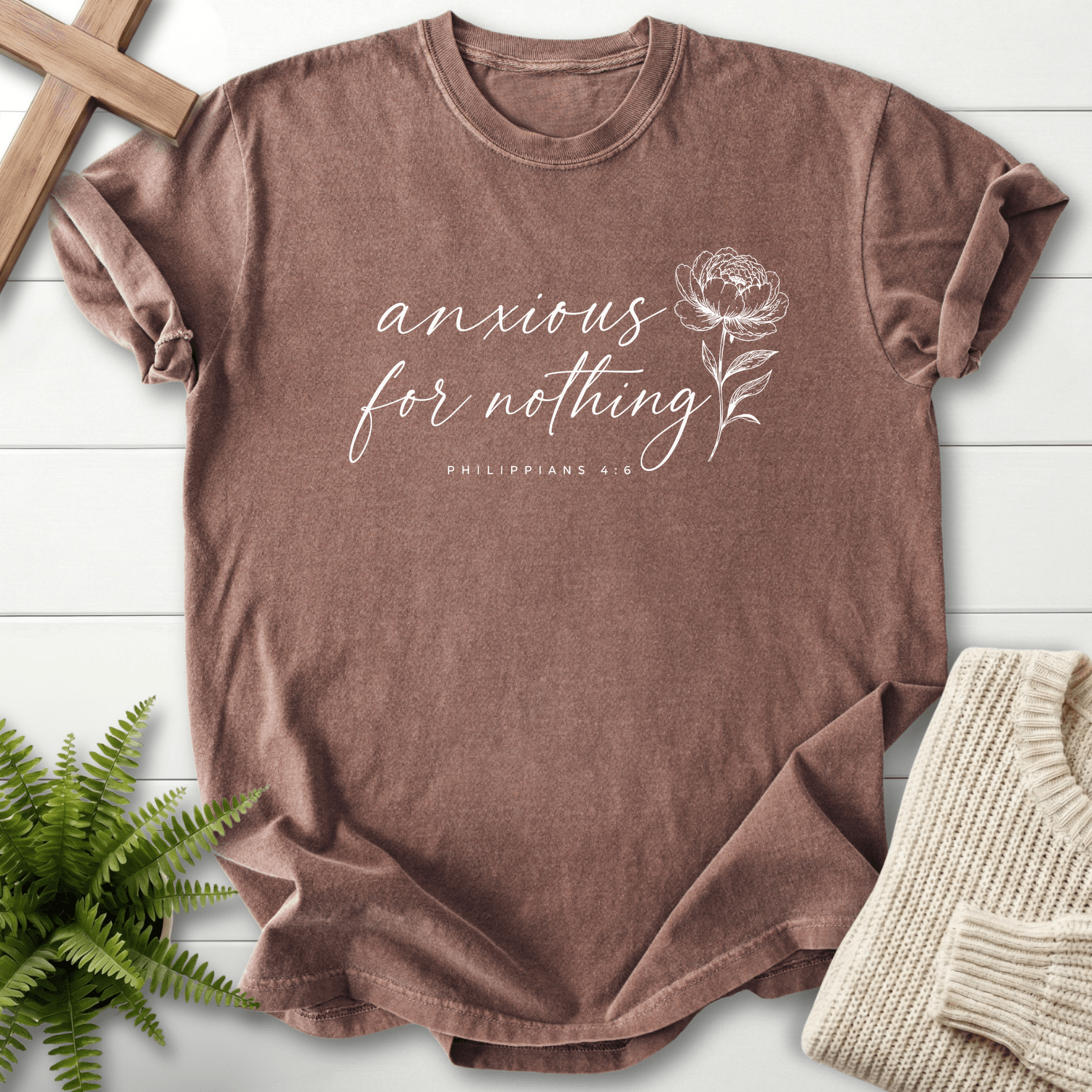 Anxious for Nothing Floral Script T-Shirt in Espresso | She Wears Faith