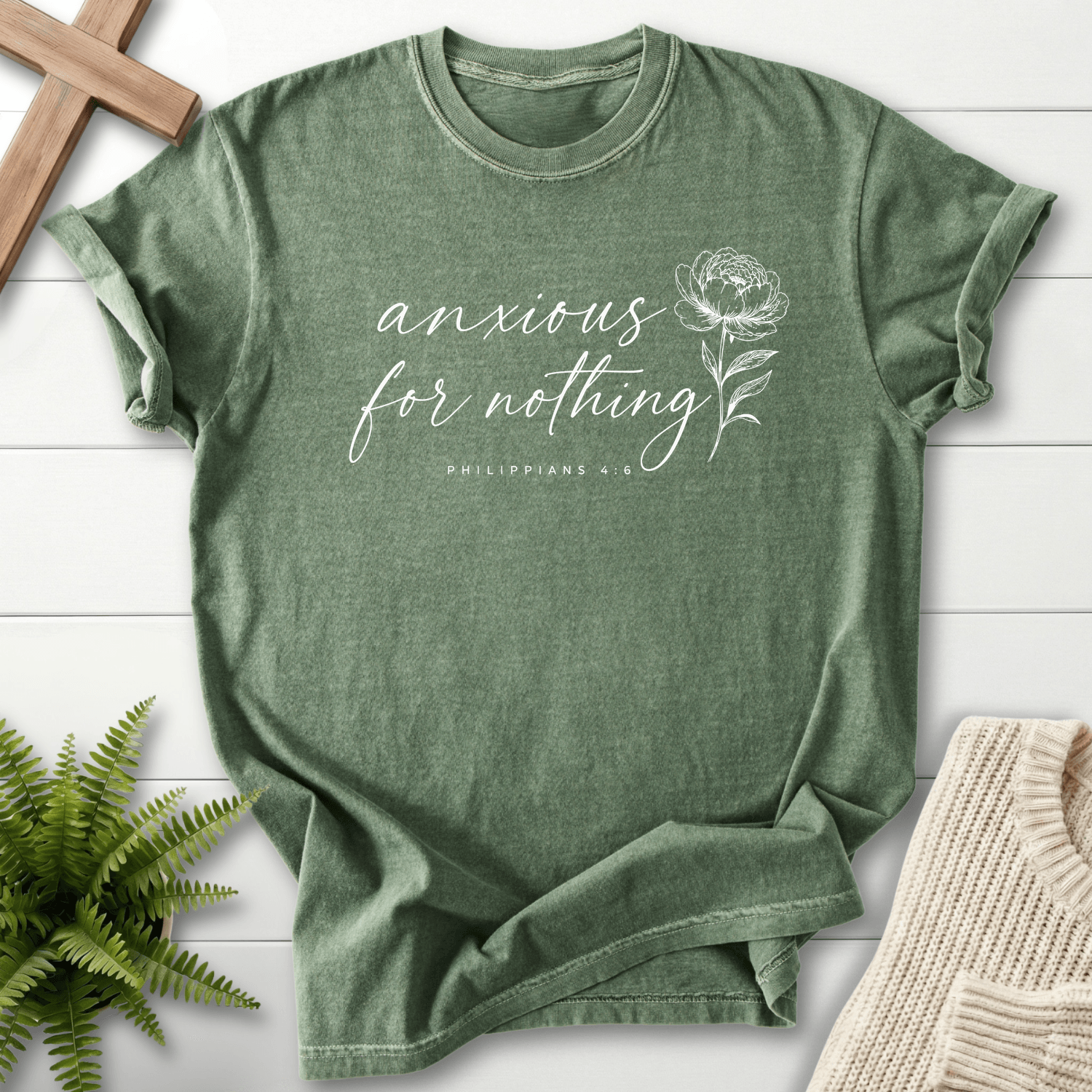 Anxious for Nothing Floral Script T-Shirt in Moss | She Wears Faith