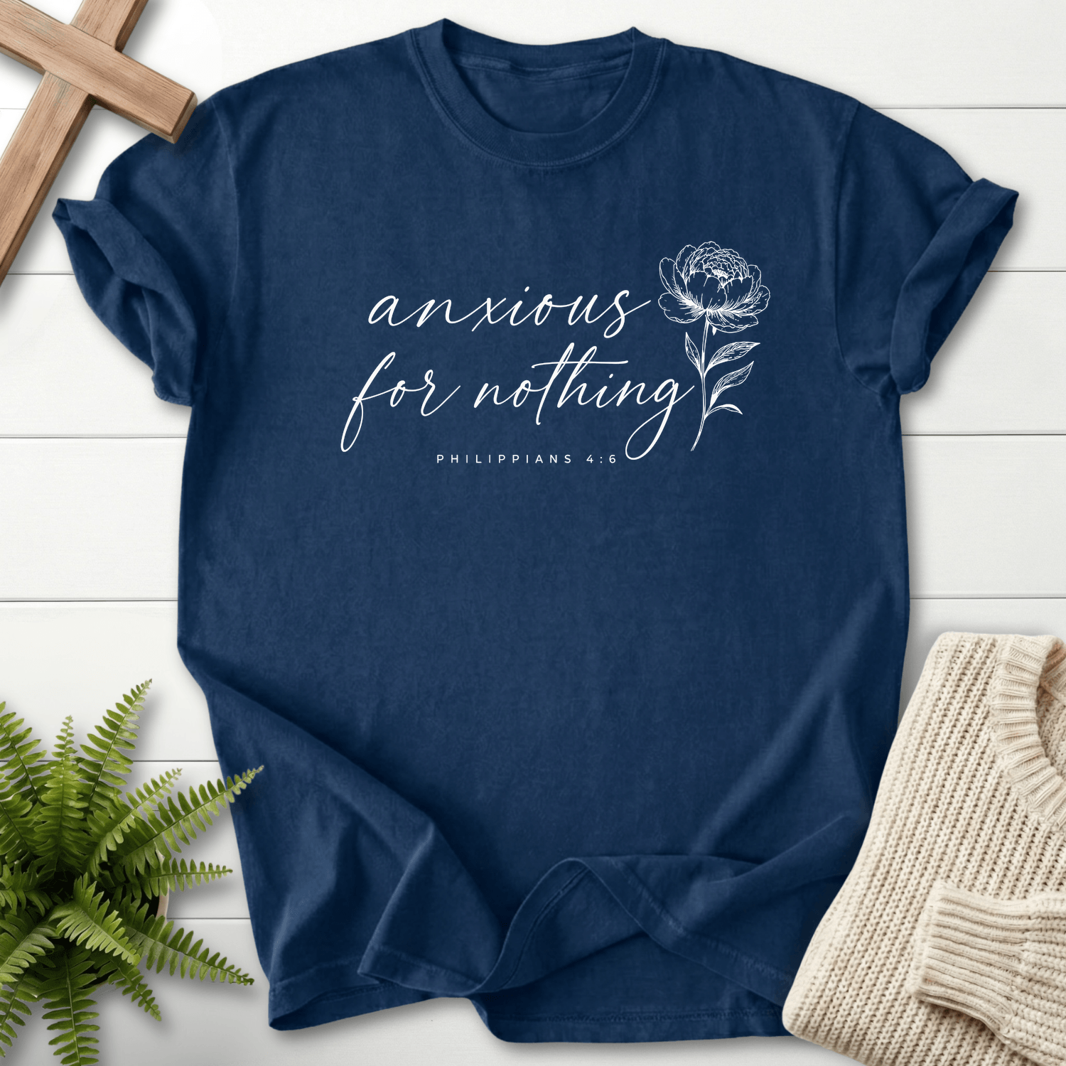 Anxious for Nothing Floral Script T-Shirt in Navy | She Wears Faith