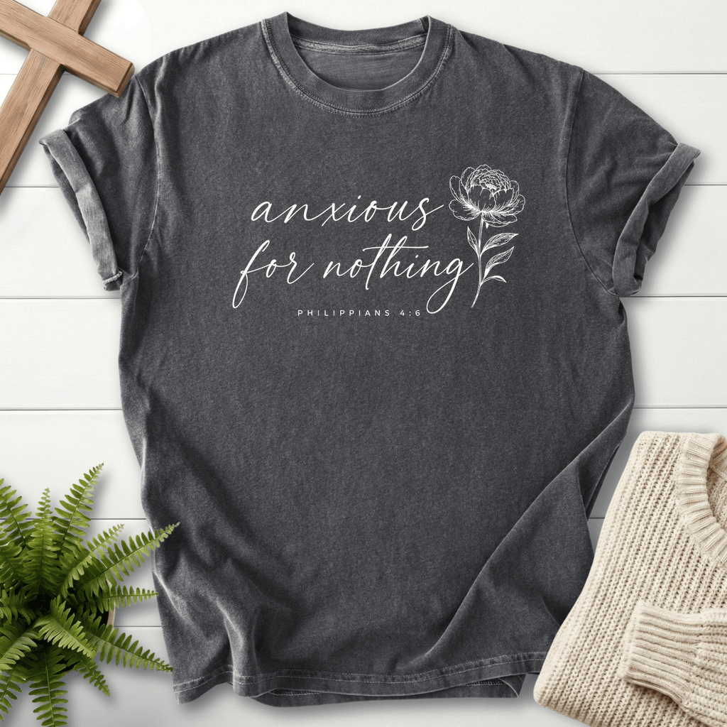 Anxious for Nothing Floral Script T-Shirt in Pepper | She Wears Faith