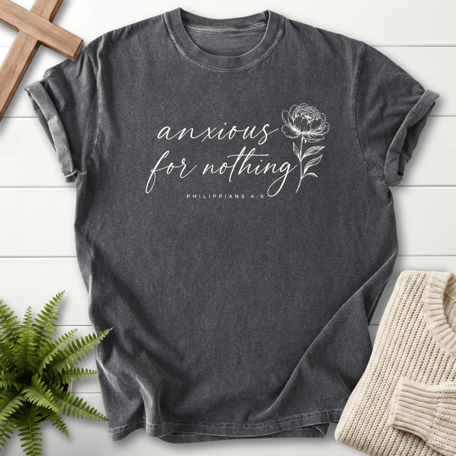 Anxious for Nothing Floral Script T-Shirt in Pepper | She Wears Faith