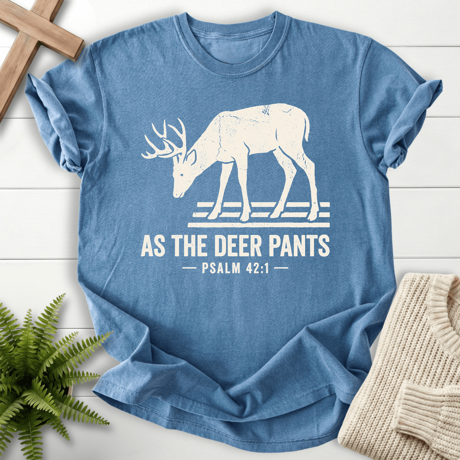 As the Deer Pants Psalm 42 T-Shirt in Blue Jean | She Wears Faith