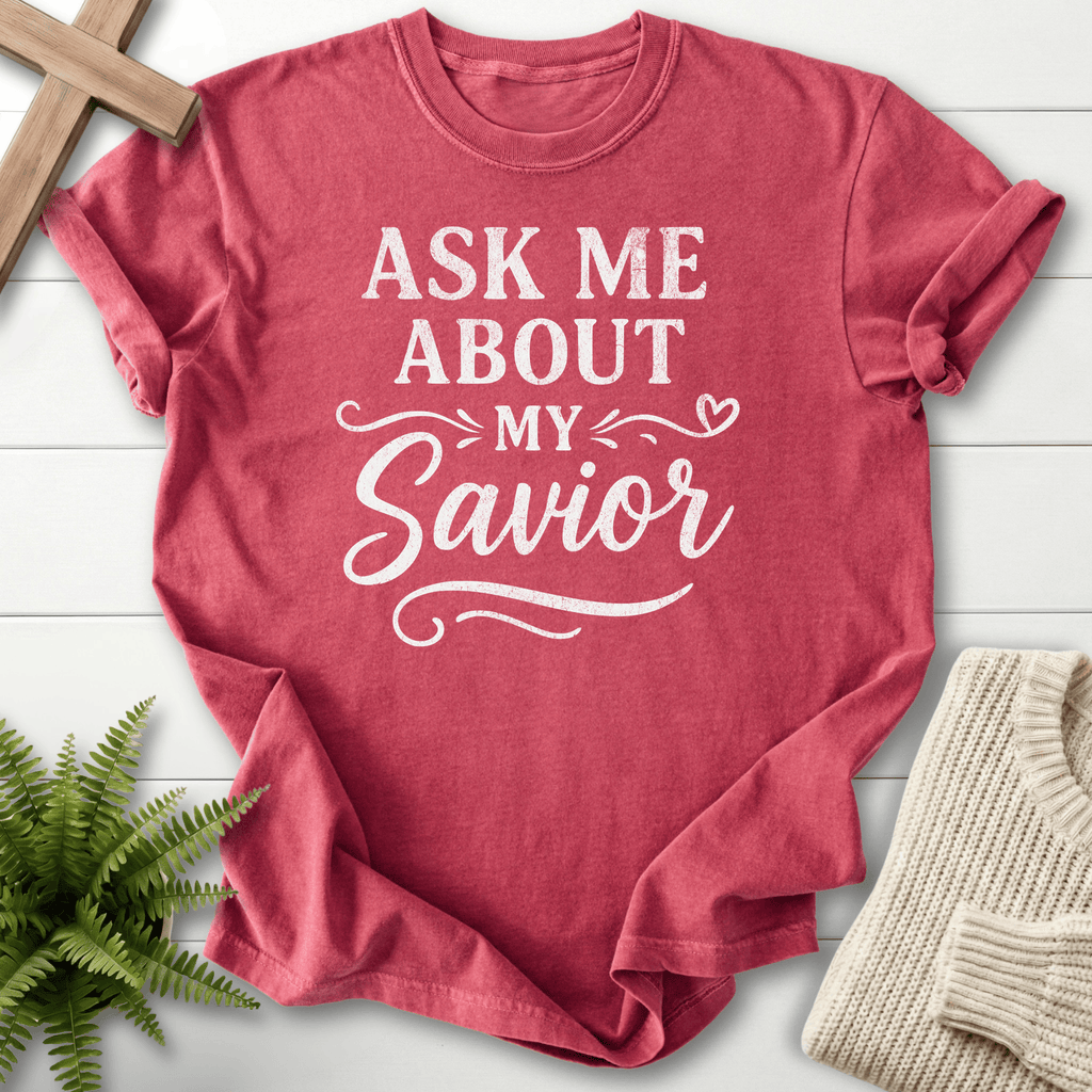 Crimson Christian t-shirt for women with vintage 'Ask Me About My Savior' lettering, She Wears Faith