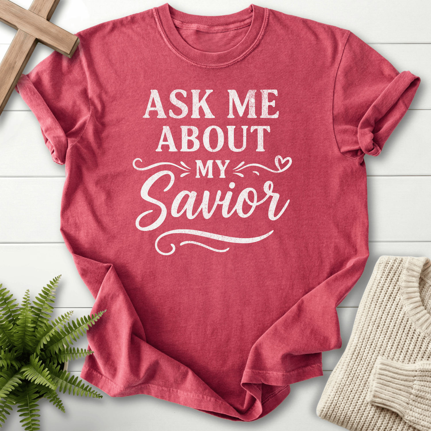 Crimson Christian t-shirt for women with vintage 'Ask Me About My Savior' lettering, She Wears Faith