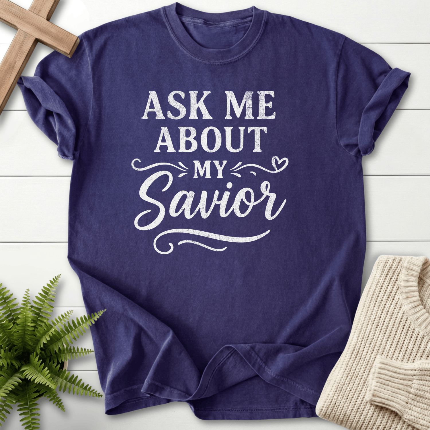 Grape Christian t-shirt for women with bold white 'Ask Me About My Savior' lettering and a heart accent