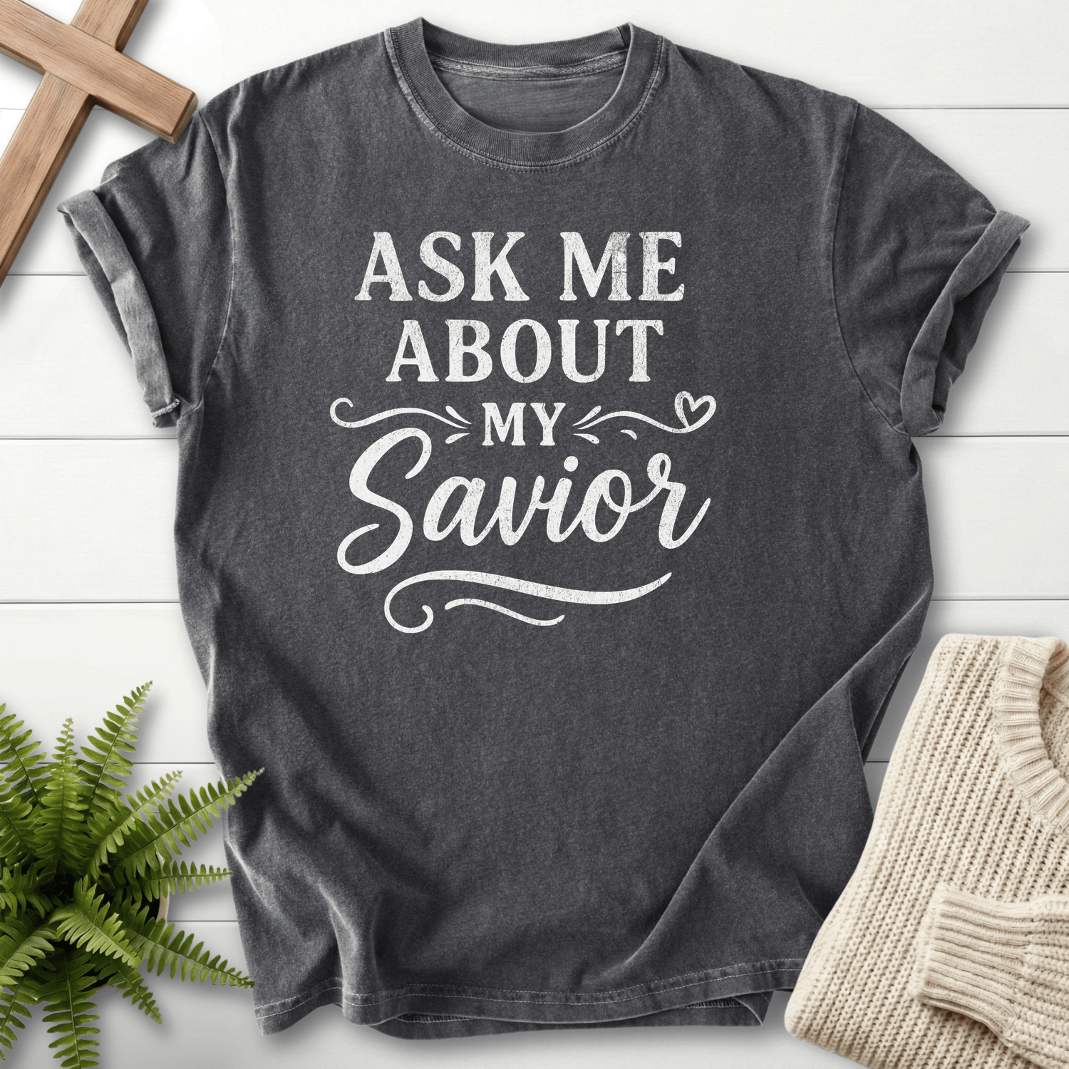 Pepper Christian t-shirt for women with bold 'Ask Me About My Savior' block lettering and script accent, Comfort Colors 1717