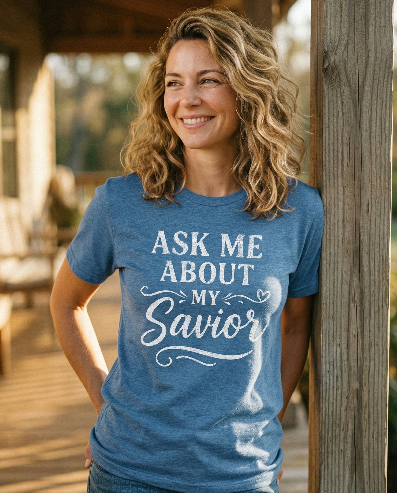 Ask Me About My Savior – Blue Jean women's Christian tee, lifestyle photo in sunny porch – Bold uppercase block lettering 'ASK ME ABOUT MY Savior' with a small d – She Wears Faith