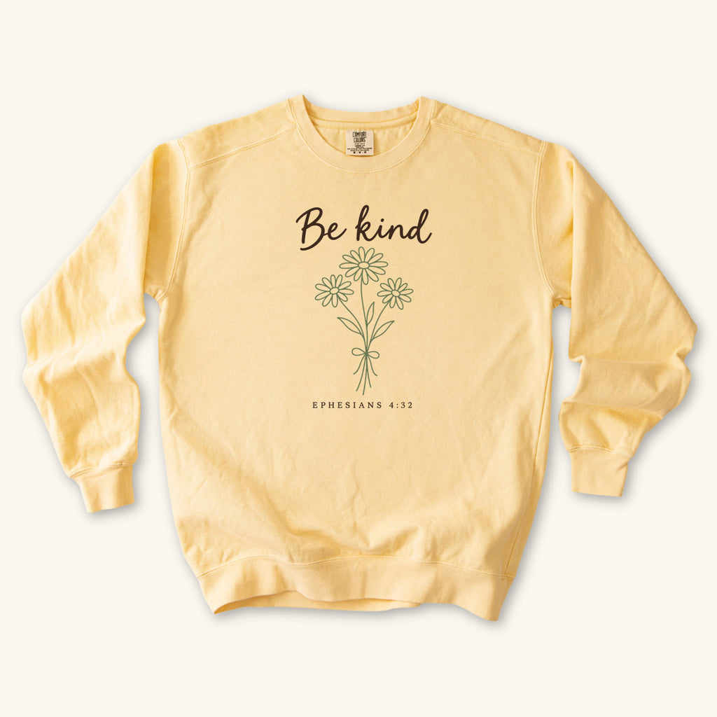 Butter Be Kind Floral Bouquet sweatshirt flat lay mockup, Ephesians 4:32 Christian apparel for women