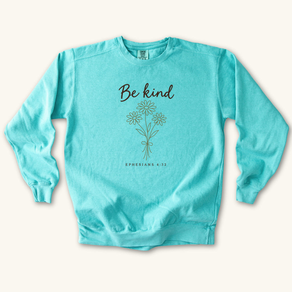 Chalky Mint Be Kind Floral Bouquet sweatshirt flat lay mockup, Ephesians 4:32 Christian apparel for women