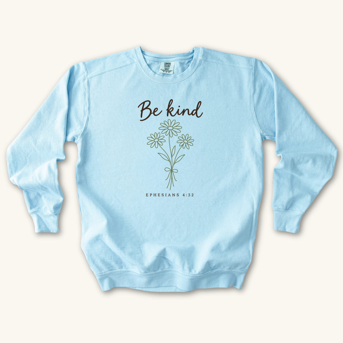 Chambray Be Kind Floral Bouquet sweatshirt flat lay mockup, Ephesians 4:32 Christian apparel for women