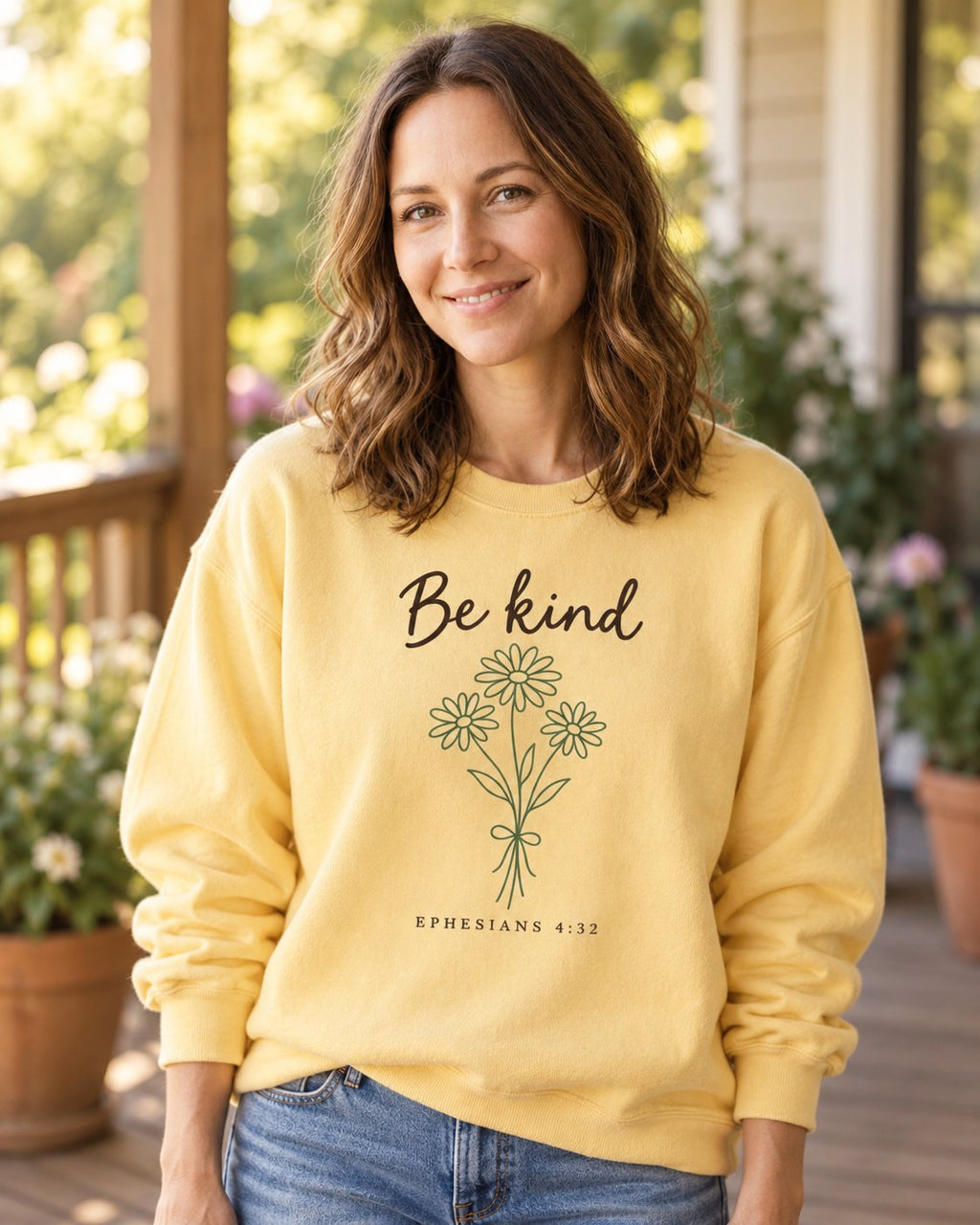 Be Kind Floral Bouquet, Butter women's Christian sweatshirt, lifestyle photo in sunny porch, Be kind script with a daisy bouquet, She Wears Faith