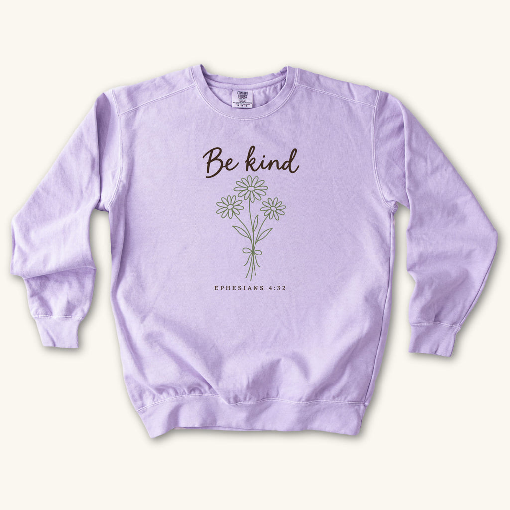 Orchid Be Kind Floral Bouquet sweatshirt flat lay mockup, Ephesians 4:32 Christian apparel for women