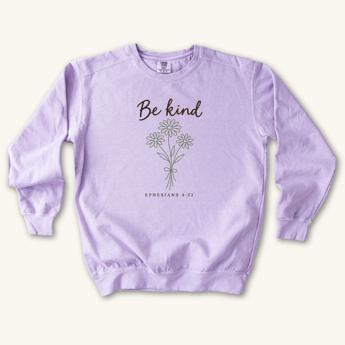 Orchid Be Kind Floral Bouquet sweatshirt flat lay mockup, Ephesians 4:32 Christian apparel for women