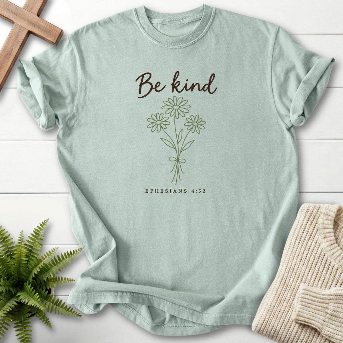 Bay Be Kind Floral Bouquet T-shirt flat lay mockup, Ephesians 4:32 Christian apparel for women