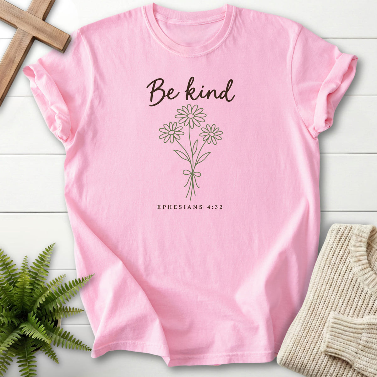 Blossom Be Kind Floral Bouquet T-shirt flat lay mockup, Ephesians 4:32 Christian apparel for women